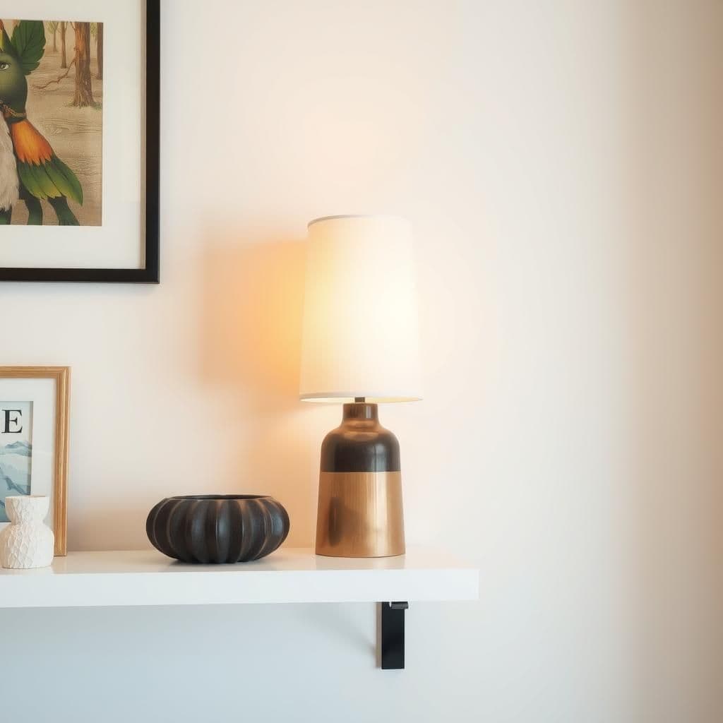 A shelf with a lamp and decorative items